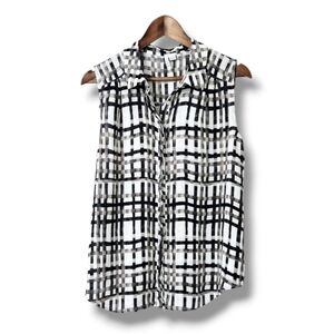 Elle Sleeveless Plaid Print Silky Button-Down Blouse | Large